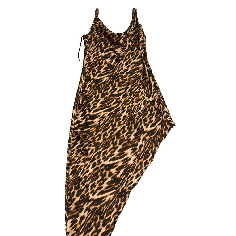 Forever 21 Assymetrical Leopard Cheetah High Slit Dress Small Y2K‎ Maxi Straps